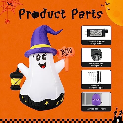 5 FT Halloween Inflatables Ghost Outdoor Decorations Blow Up Yard Cute Wizard Ghost with Hand-Held Light with Built-in LEDs for Garden Lawn Indoor Party Decor