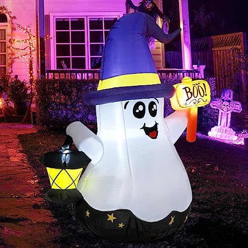 5 FT Halloween Inflatables Ghost Outdoor Decorations Blow Up Yard Cute Wizard Ghost with Hand-Held Light with Built-in LEDs for Garden Lawn Indoor Party Decor