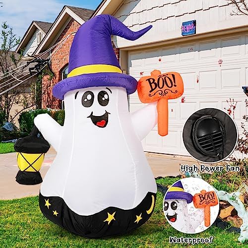 5 FT Halloween Inflatables Ghost Outdoor Decorations Blow Up Yard Cute Wizard Ghost with Hand-Held Light with Built-in LEDs for Garden Lawn Indoor Party Decor