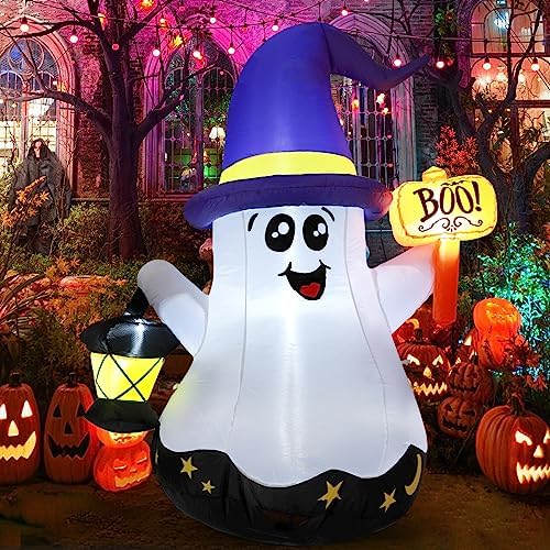 5 FT Halloween Inflatables Ghost Outdoor Decorations Blow Up Yard Cute Wizard Ghost with Hand-Held Light with Built-in LEDs for Garden Lawn Indoor Party Decor